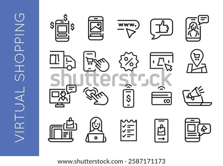 Virtual shopping icons. Set of 20 shopping trendy minimal icons. Design signs for web page, mobile app, packaging design. Vector illustration.