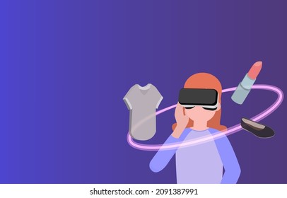 Compras virtuales en metaverso. El cliente usa gafas VR para experimentar productos 3D en un dispositivo de pantalla de metáfora para smartphones. Ilustración vectorial futurista.