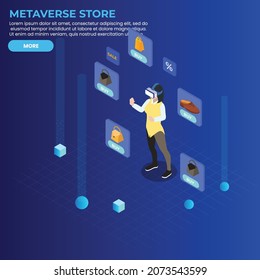 Virtual shopping in metaverse store 3d isometric vector illustration concept for banner, website, landing page, ads, flyer template