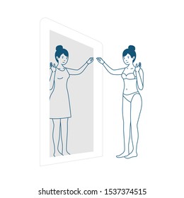 Virtual shopping scene with female character. Woman wears virtual dress by smart mirror and admires her look. Vector illustration, flat style.