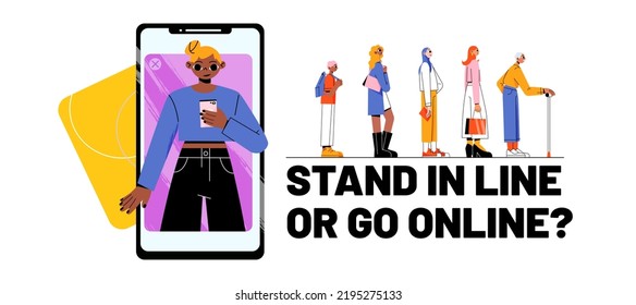 Virtual Shopping And Services VS Offline. Stand In Line Or Go Online Concept. People Queue Waiting Turn And Woman Use Mobile Phone For Purchasing Or Making Payment Transaction, Line Art Vector