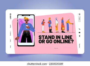 Virtual shopping and services VS offline. Stand in line or go online web banner. People queue waiting turn and woman use mobile phone for purchasing or making transaction, Line art vector landing page