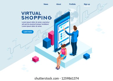 Virtual Shopping. Software Data Interaction. Modern People Interacting. Infographic, Database Graphs, Retail Chart, Order Interface Tracking. Concept 3d Flat Isometric Illustration. Characters Vector.