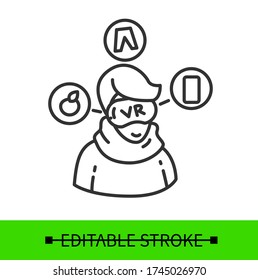 Virtual showroom icon with outline of customer in vr glasses. Online shopping and e-commerce concept. Virtual reality technology for retail store business. Linear vector illustration.Editable stroke
