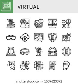 virtual simple icons set. Contains such icons as Fintech, Bitcoin, Virtual, Goggles, Augmented reality, Ar, Virtual reality, can be used for web, mobile and logo