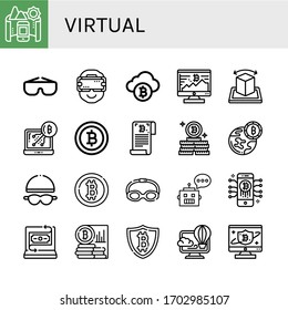 virtual simple icons set. Contains such icons as Panorama, Goggles, Ar glasses, Bitcoin, Augmented reality, Chatbot, Fintech, Virtual, can be used for web, mobile and logo