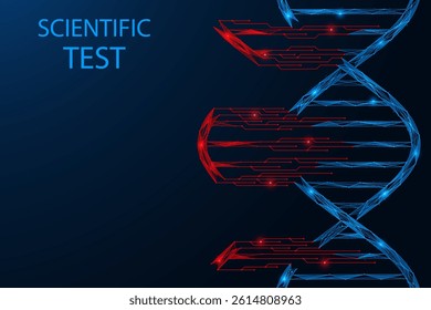 Virtual simulation of DNA cell editing. Attaching the missing parts to the spiral. Polygonal design of lines and dots. Blue background.