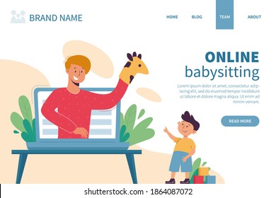 Virtual Sitter, Online Babysitting Service, Remote Teaching Concept. Entertaining The Kids Via Internet. Virtual Lessons, Break For Parents. Vector Illustration, Modern Flat Style