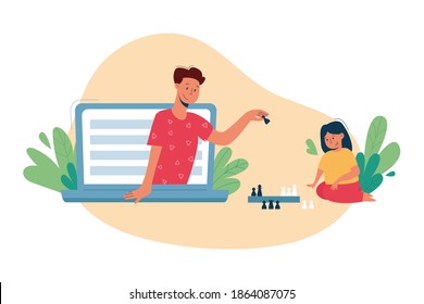 Virtual Sitter, Online Babysitting Service, Remote Teaching Concept. Entertaining The Kids Via Internet. Chess Lessons And Games. Vector Illustration, Modern Flat Style