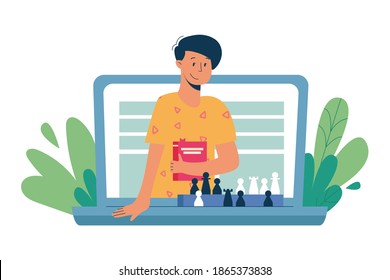 Virtual Sitter, Online Babysitting Service, Remote Teaching Concept. Entertaining The Kids Via Internet. Chess Lessons And Games. Vector Illustration, Modern Flat Style