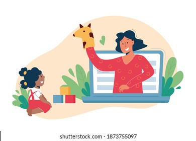 Virtual Sitter, Online Babysitting Service, Remote Teaching Concept. Entertaining The Kids Via Internet. Friendly Digital Nanny On Your Phone. Vector Illustration, Modern Flat Style