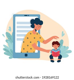 Virtual Sitter, Online Babysitting Service, Remote Teaching Concept. Entertaining The Kids Via Internet. Friendly Female Nanny On Your Phone.Vector Illustration, Modern Flat Style