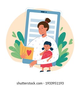 Virtual Sitter, Online Babysitting Service, Remote Teaching Concept. Entertaining The Kids Via Internet. Friendly Female Nanny On Your Phone.Vector Illustration, Modern Flat Style