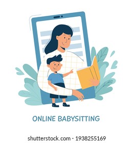 Virtual Sitter, Online Babysitting Service, Remote Teaching Concept. Entertaining The Kids Via Internet. Friendly Female Nanny On Your Phone.Vector Illustration, Modern Flat Style