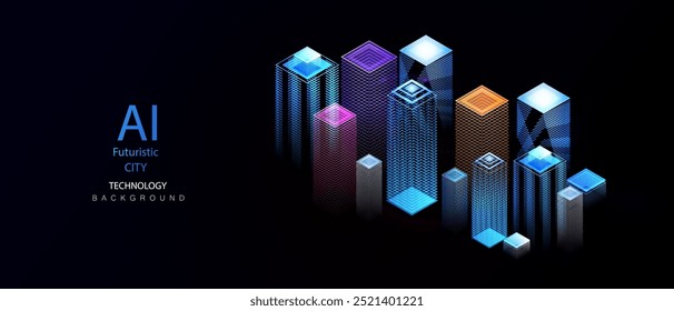 Virtual smart city technology background. Future urban architecture neon light buildings vector. Cityscape ai isometric concept. Digital futuristic intelligence high tech city design banner.