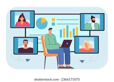 Virtual space with colleagues and charts vector illustration. Cartoon drawing of video call between coworkers for remote collaboration. Technology, cyberspace, communication concept