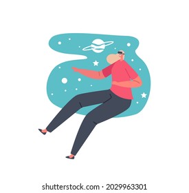 Virtual Space Entertainment or Education Concept. Female Character in VR Glasses Traveling in Deep Galaxy. Game Simulation, Girl Traveling Through Virtual Reality World. Cartoon Vector Illustration