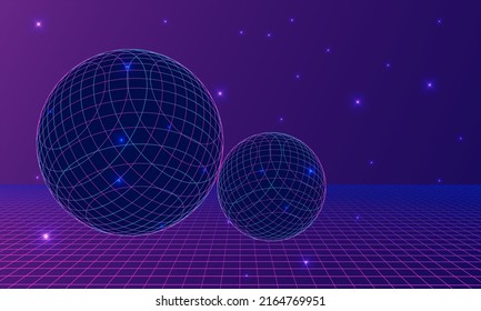 Virtual space with spheres and stars background. Vector wire landscape with neon colours. Vector illustration of metaverse dimension. Digital world, virtual reality, cyberspace concept.