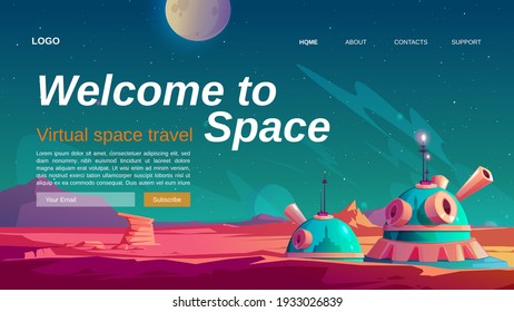 Virtual space travel banner. Vector landing page with cartoon landscape of Mars surface with colony base. VR technologies, augmented reality with alien planets and outer space