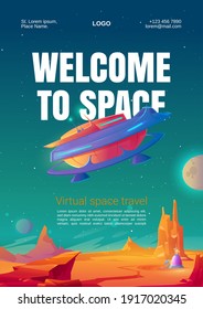 Virtual space travel flyer. VR technologies, augmented reality with alien planets and outer space. Vector poster with cartoon landscape of Mars surface with colony base and spacecraft