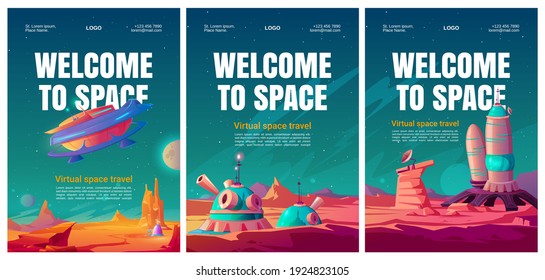 Virtual space travel flyers. VR technologies, augmented reality with galaxy exploring and colonization alien planets. Vector posters with cartoon landscape of Mars with colony base and spacecraft