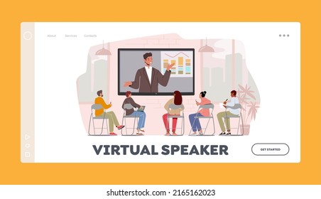 Virtual Speaker Landing Page Template. Business Characters Listen Tutor at Online Conference. Workers Watching Video Translation on Monitor, Office Remote Meeting, Cartoon People Vector Illustration