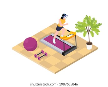 Virtual sport vector concept. Young woman wearing virtual reality glasses while exercising on the treadmills