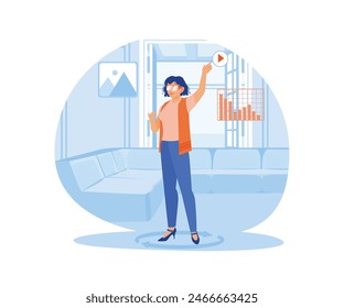 Virtual staging. Women wearing virtual glasses to design a room. Real estate business concept. Flat vector illustration.