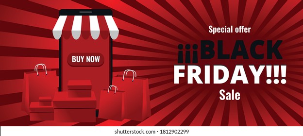 Virtual store concept on the smartphone. Black Friday banner. Buy online