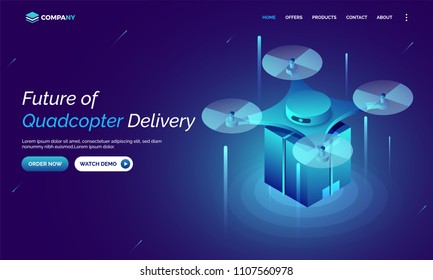 Virtual Structure Of Quadcopter With Shipping Box, Landing Page For Website And Mobile App For Future Drone Delivery Concept.