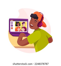 Virtual study group isolated cartoon vector illustration. Children socialization, virtual school program, group video chat, student with computer and headphones, study online vector cartoon.