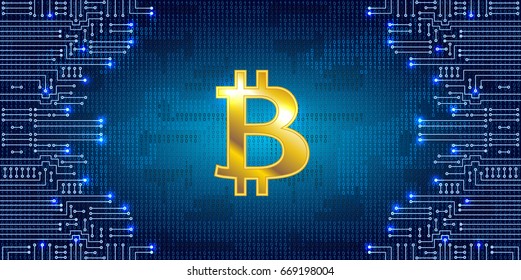 Virtual symbol of the coin bitcoin on binary code background and electronic circuit. Crypto-currency. 