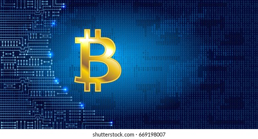 Virtual symbol of the coin bitcoin on binary code background and electronic circuit. Crypto-currency. 