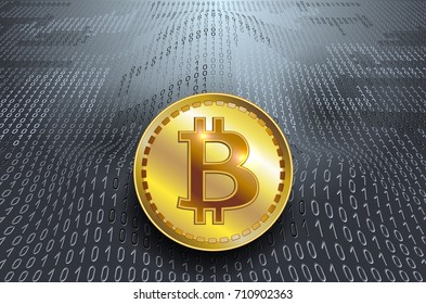 Virtual symbol of the coin bitcoin on binary code background. Crypto-currency.