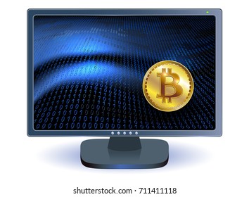 Virtual symbol of the coin bitcoin on monitor screen and binary code background. Crypto currency concept.