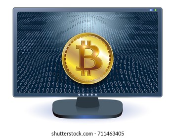Virtual symbol of the coin bitcoin on monitor screen and binary code background. Crypto currency concept.