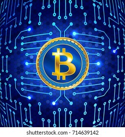 Virtual symbol coin bitcoin on electronic circuit background. Crypto currency.