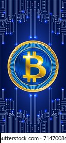 Virtual symbol coin bitcoin on electronic circuit background. Crypto currency.