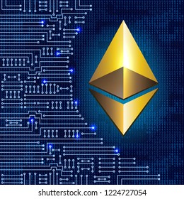 Virtual symbol of the coin ethereum on binary code background and electronic circuit. Crypto currency.