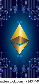 Virtual symbol coin ethereum on electronic circuit background. Crypto currency.