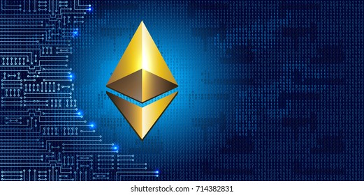 Virtual symbol of the coin ethereum on binary code background and electronic circuit. Crypto currency.