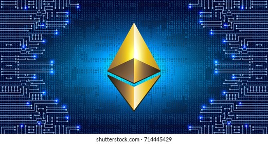 Virtual symbol of the coin ethereum on binary code background and electronic circuit. Crypto currency.