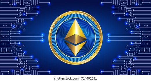 Virtual symbol coin ethereum on electronic circuit background. Crypto currency.