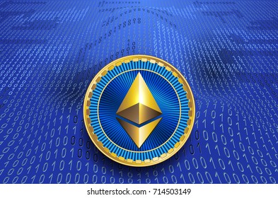 Virtual symbol of the coin ethereum on binary code background and electronic circuit. Crypto currency.