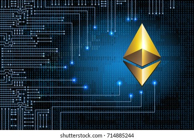 Virtual symbol of the coin ethereum on binary code background and electronic circuit. Crypto currency.