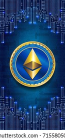 Virtual symbol of the coin ethereum on binary code background and electronic circuit. Crypto currency.