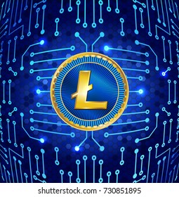 Virtual symbol of the coin litecoin and electronic circuit. Crypto currency.