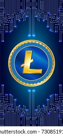 Virtual symbol of the coin litecoin and electronic circuit. Crypto currency.