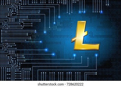 Virtual symbol of the coin litecoin on binary code background and electronic circuit. Crypto currency.