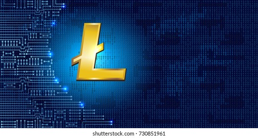 Virtual symbol of the coin litecoin on binary code background and electronic circuit. Crypto currency.